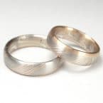 Trauringe Mokume Gane Rotgold, Palladium, Silber mit Rotgoldstreifen
